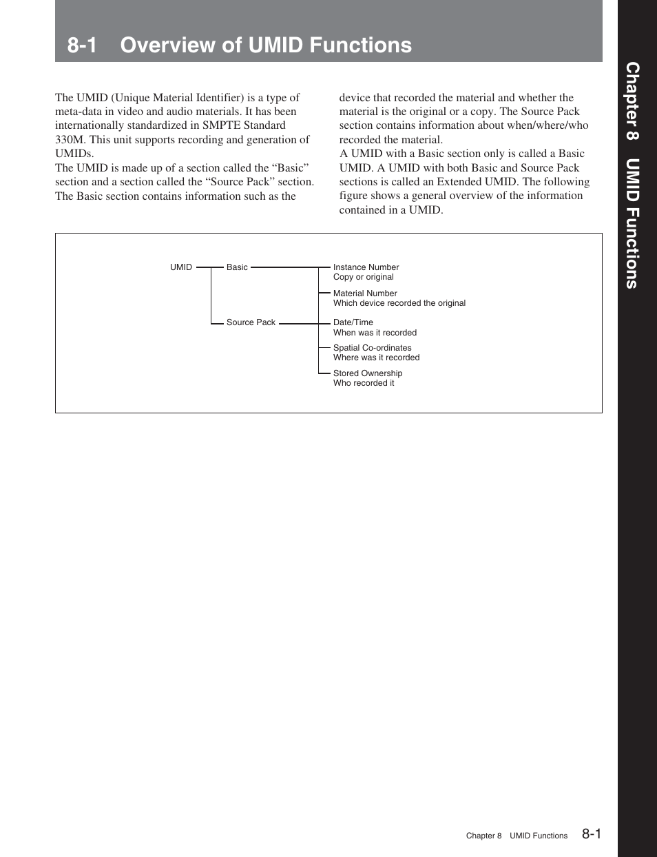 Chapter 8 umid functions, 1 overview of umid functions | Sony DVW-2000 User Manual | Page 91 / 155