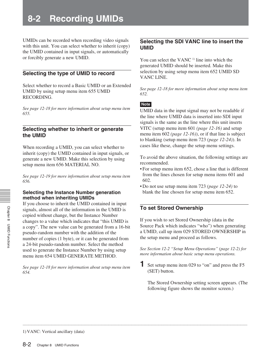 2 recording umids, 1 overview of umid functions | Sony DVW-2000 User Manual | Page 92 / 155