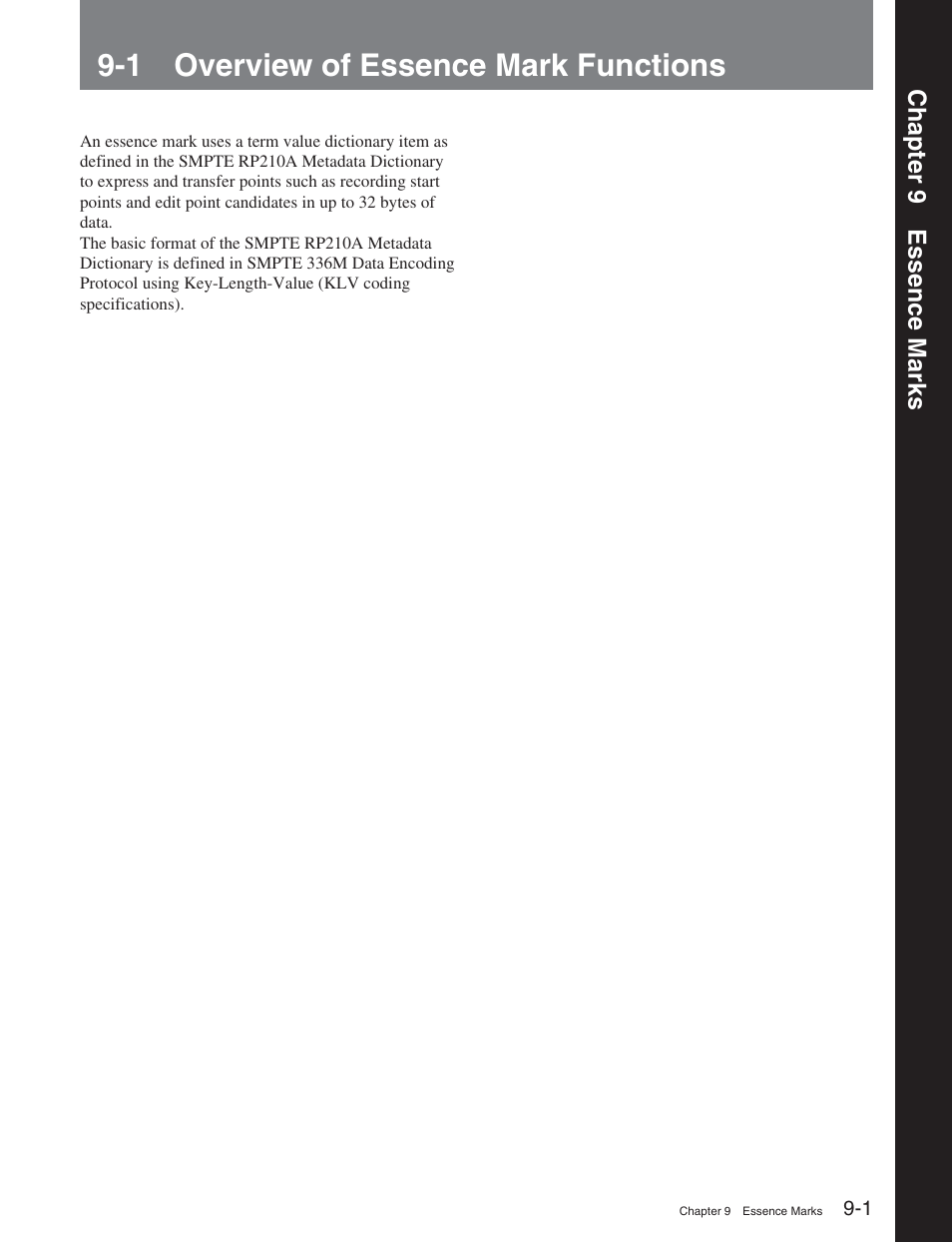 Chapter 9 essence marks, 1 overview of essence mark functions | Sony DVW-2000 User Manual | Page 96 / 155