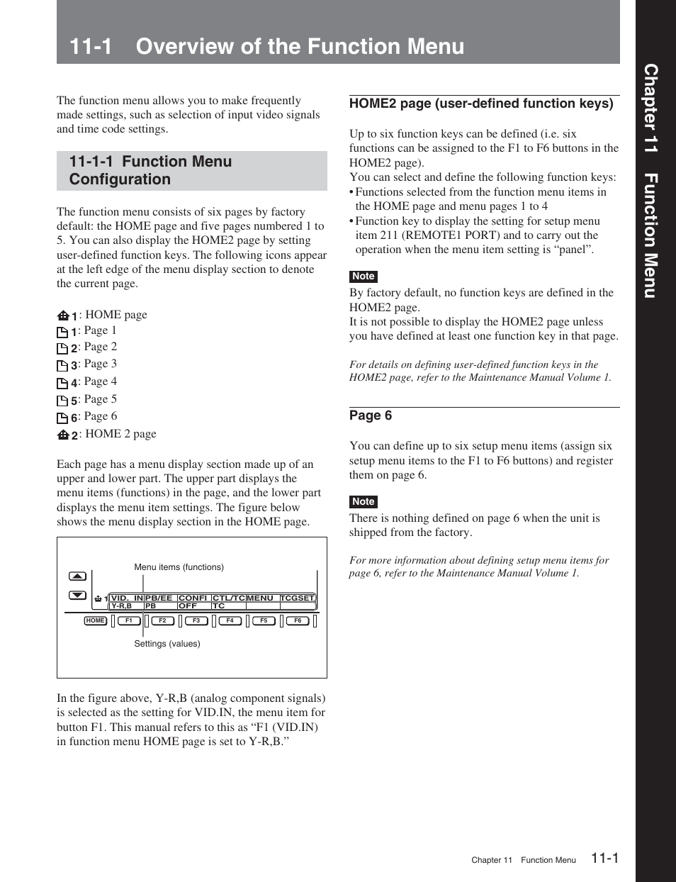 Chapter 11 function menu, 1 overview of the function menu, 1-1 function menu configuration | Chapter 11 function men u | Sony DVW-2000 User Manual | Page 99 / 155