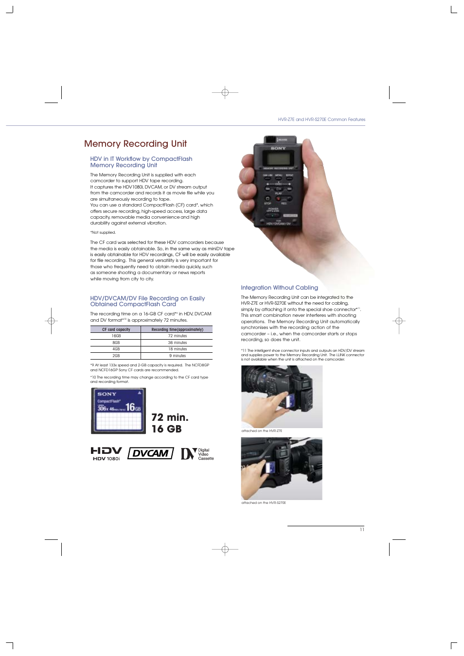 72 min. 16 gb | Sony HVR-S270E User Manual | Page 11 / 20