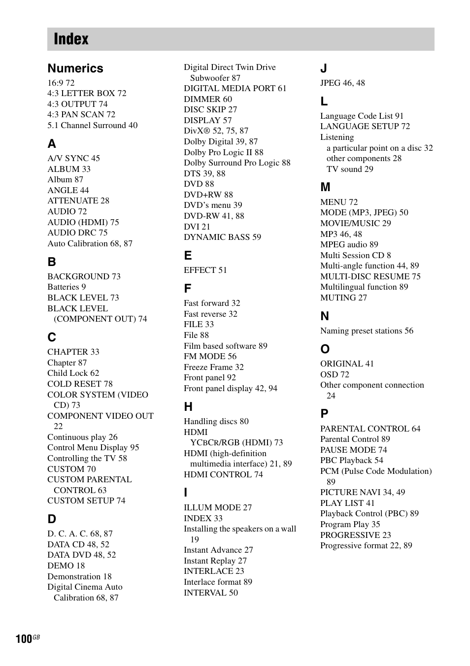 Index, Numerics | Sony DAV-HDX265 User Manual | Page 100 / 104