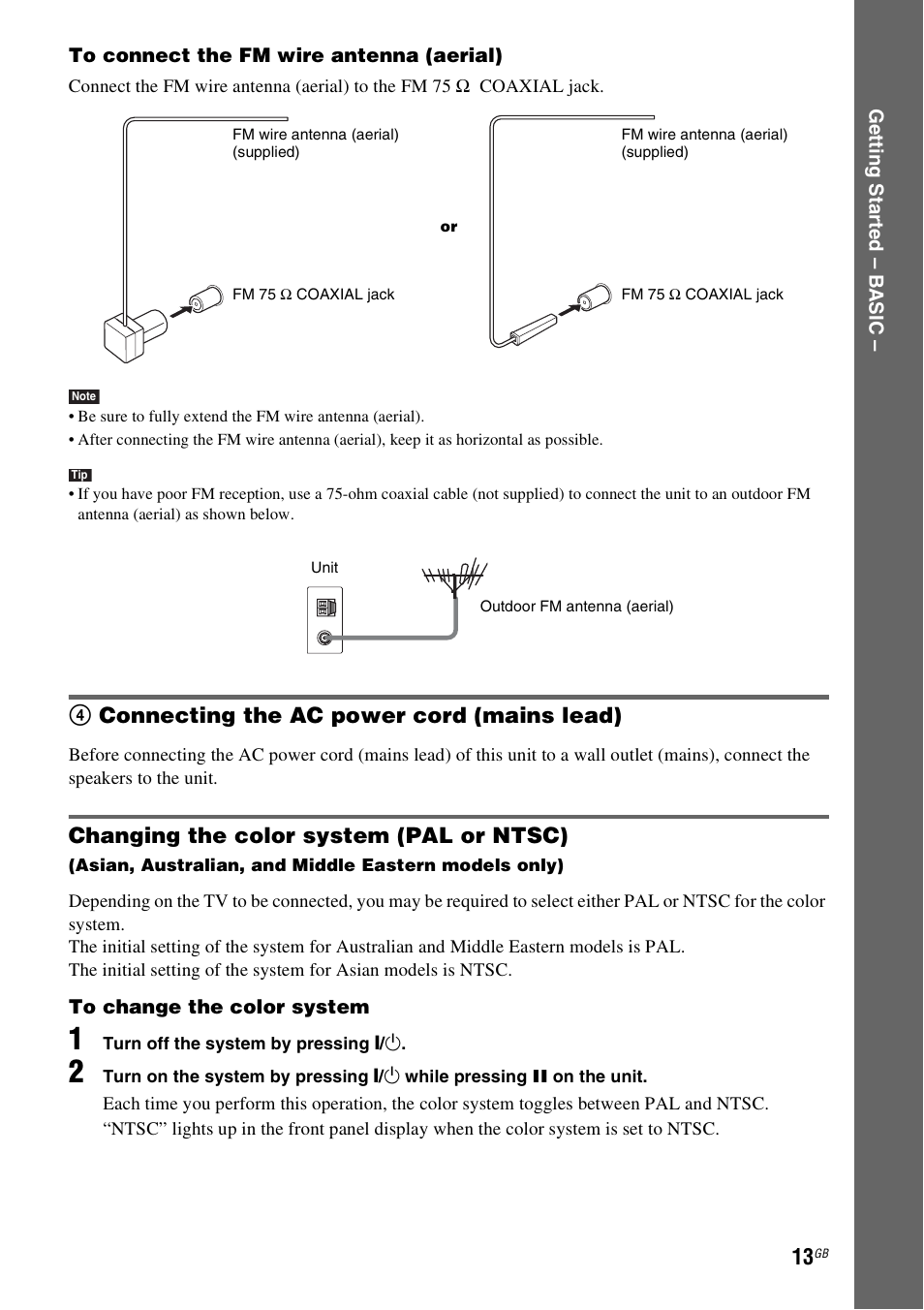 4 connecting the ac power cord (mains lead), Changing the color system (pal or ntsc), 4connecting the ac power cord (mains lead) | Sony DAV-HDX265 User Manual | Page 13 / 104