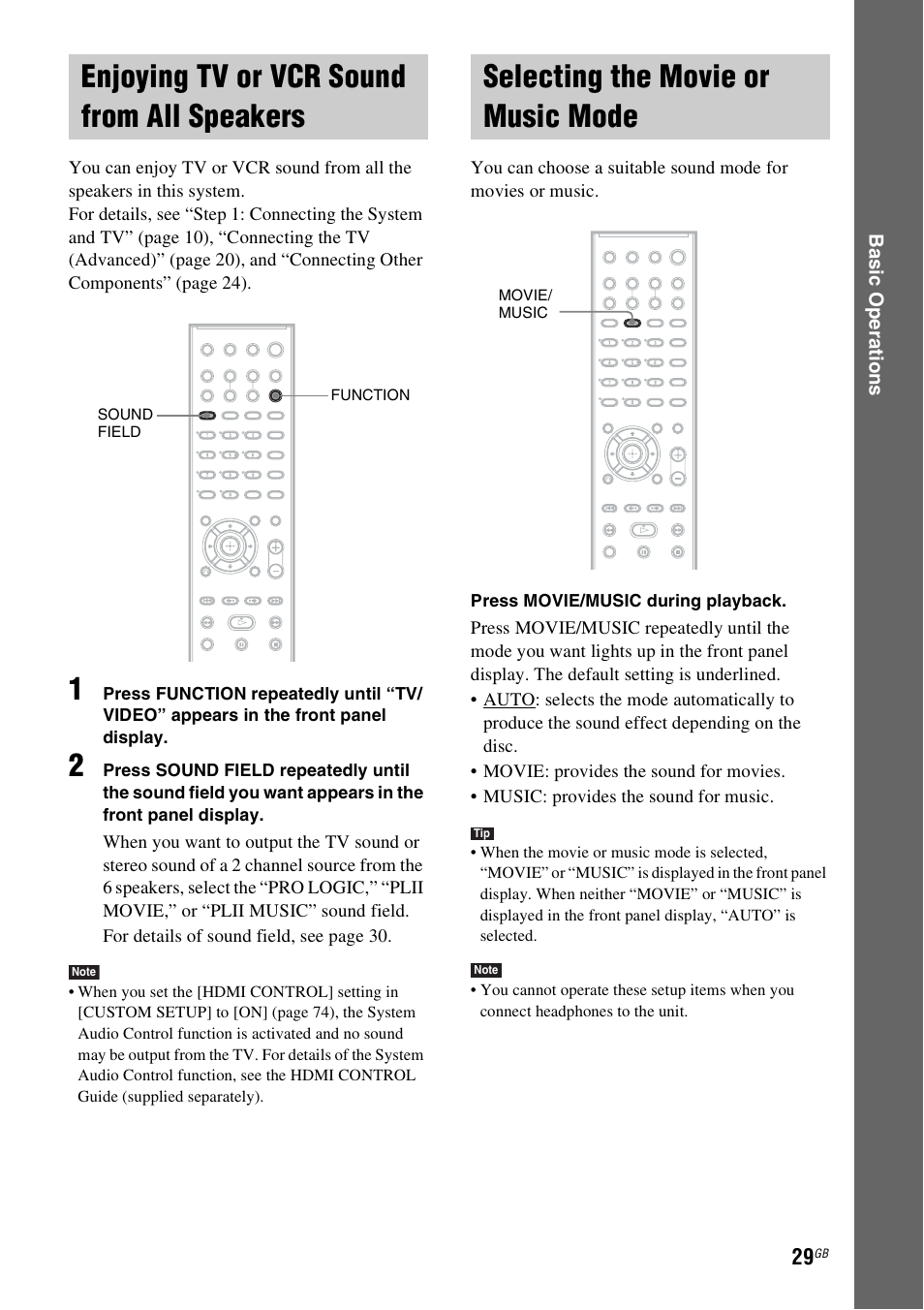 Enjoying tv or vcr sound from all speakers, Selecting the movie or music mode, Enjoying tv or vcr sound from all | Speakers, Selecting the movie or music, Mode | Sony DAV-HDX265 User Manual | Page 29 / 104