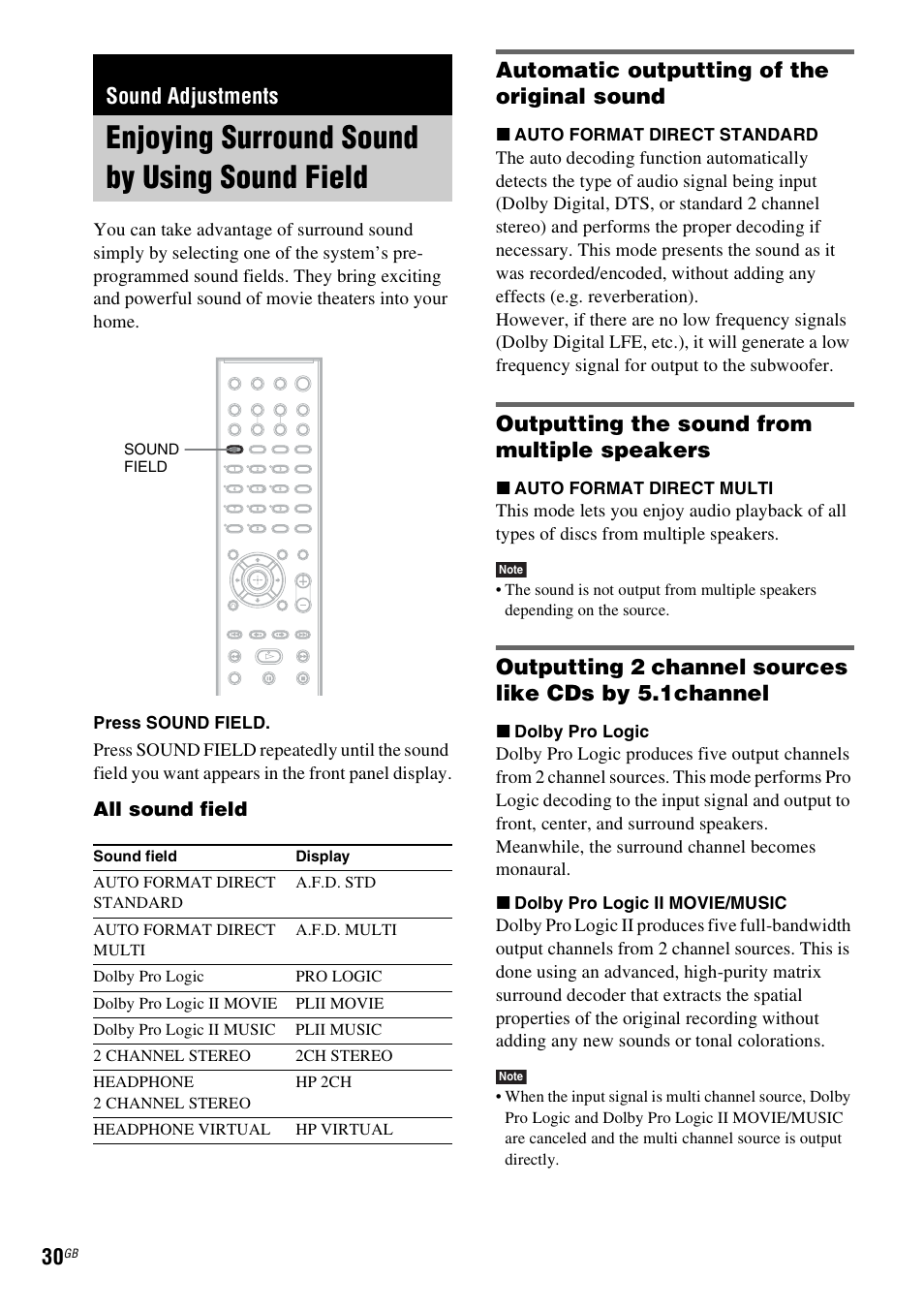 Sound adjustments, Enjoying surround sound by using sound field, Automatic outputting of the original sound | Outputting the sound from multiple speakers, Enjoying surround sound by using sound, Field | Sony DAV-HDX265 User Manual | Page 30 / 104