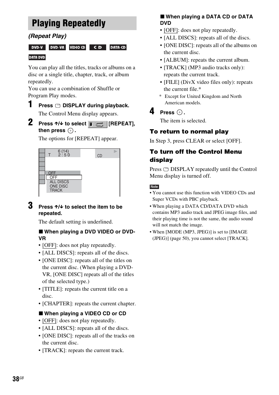Playing repeatedly, Repeat play) | Sony DAV-HDX265 User Manual | Page 38 / 104