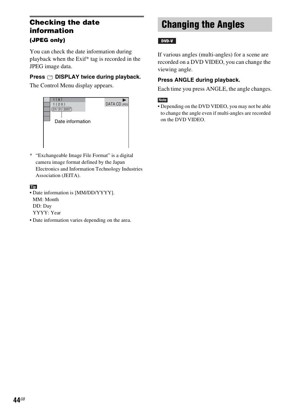 Checking the date information, Changing the angles | Sony DAV-HDX265 User Manual | Page 44 / 104