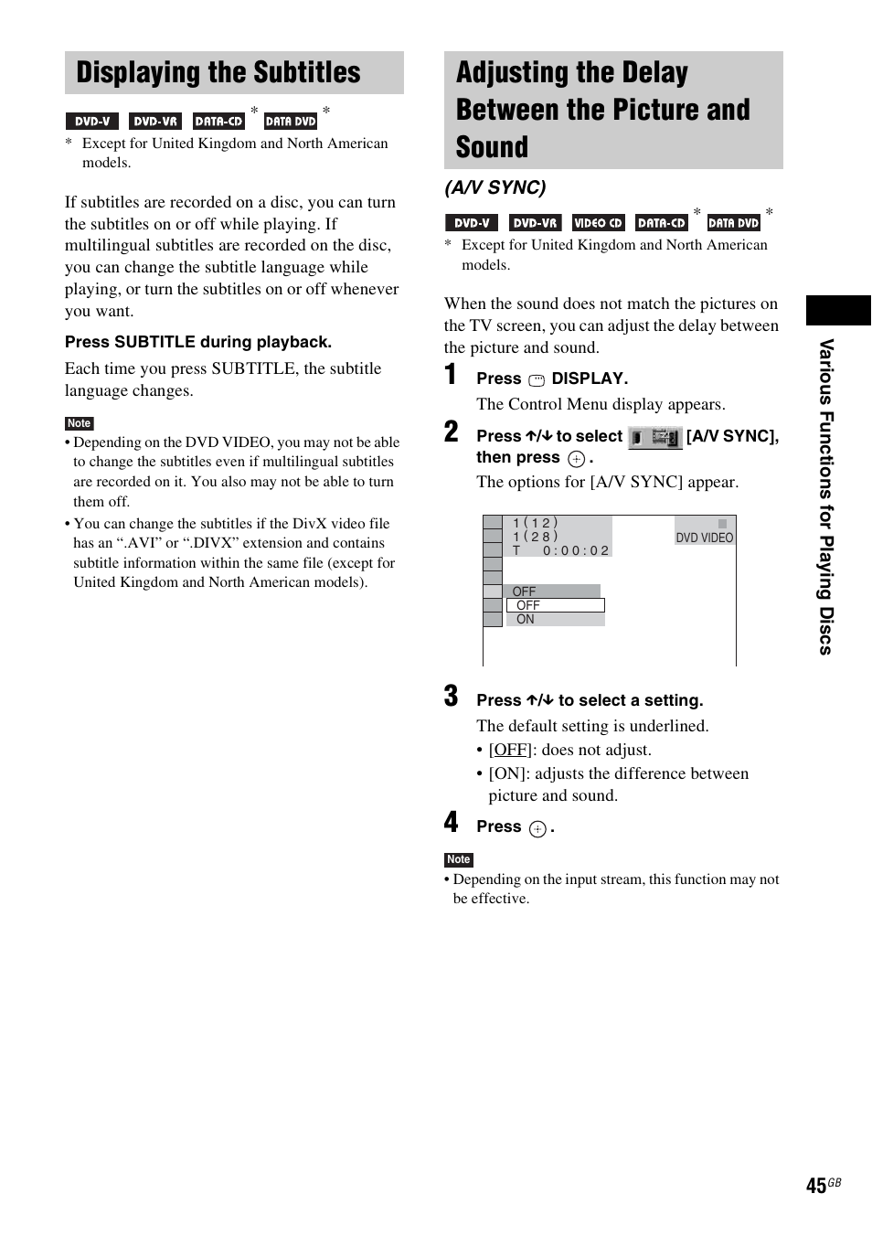 Displaying the subtitles, Adjusting the delay between the picture and sound, And sound (a/v sync) | Sony DAV-HDX265 User Manual | Page 45 / 104