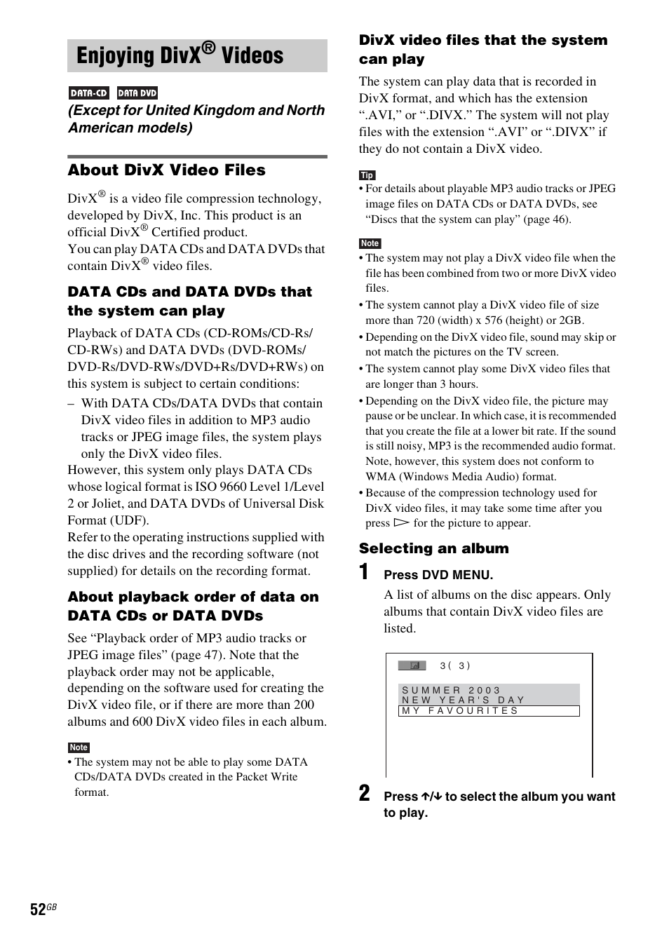 Enjoying divx® videos, About divx video files, Enjoying divx® v | Enjoying divx, Videos | Sony DAV-HDX265 User Manual | Page 52 / 104