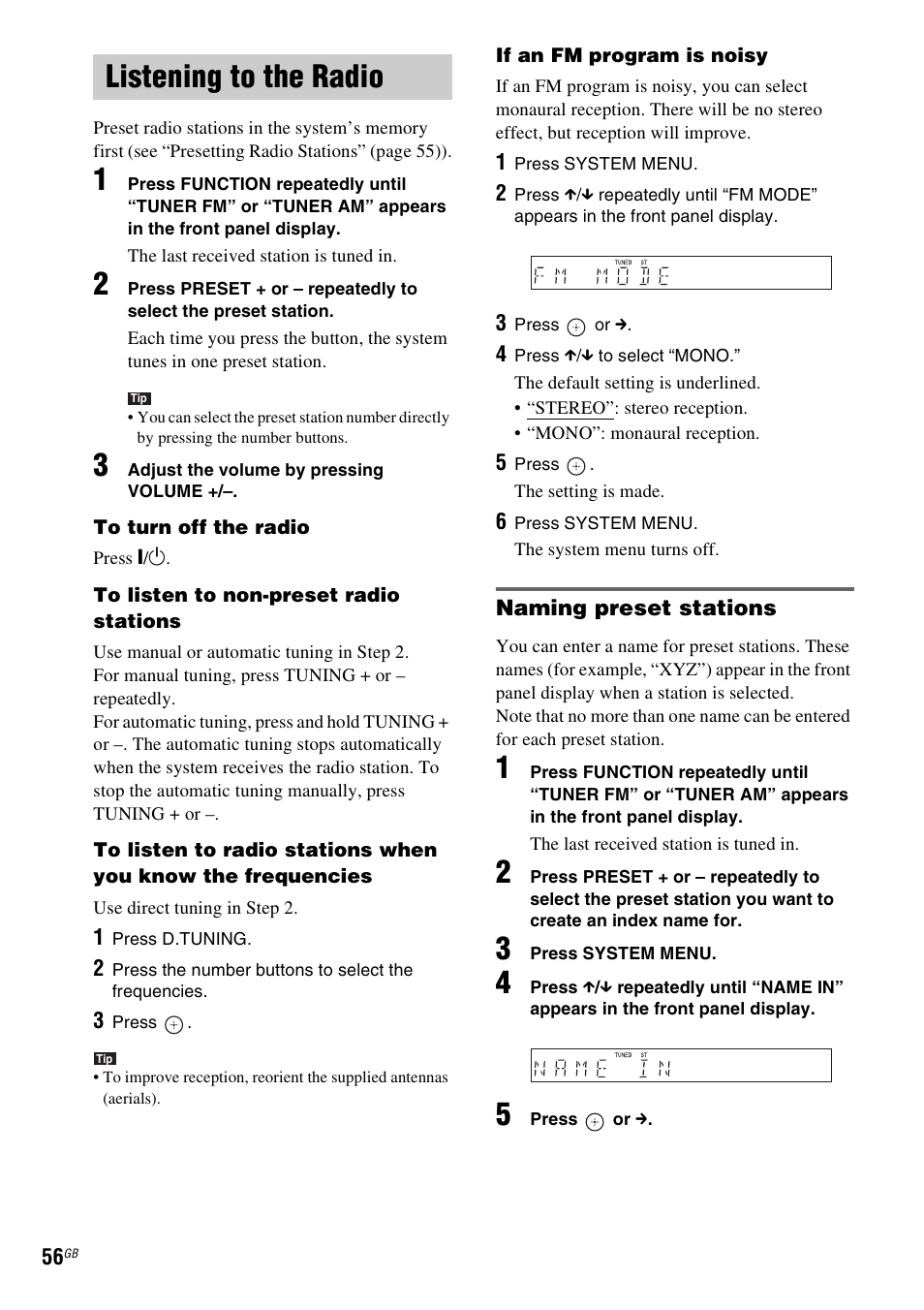 Listening to the radio, Naming preset stations | Sony DAV-HDX265 User Manual | Page 56 / 104