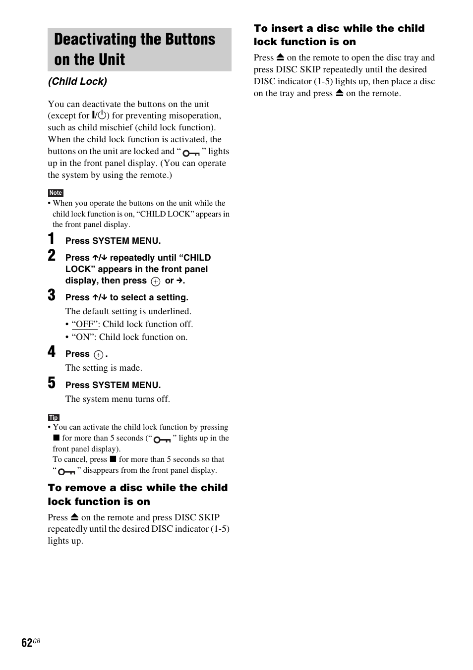 Deactivating the buttons on the unit, Child lock) | Sony DAV-HDX265 User Manual | Page 62 / 104
