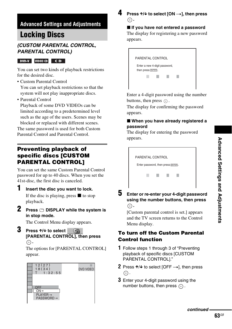 Advanced settings and adjustments, Locking discs, Custom parental control, parental control) | Sony DAV-HDX265 User Manual | Page 63 / 104