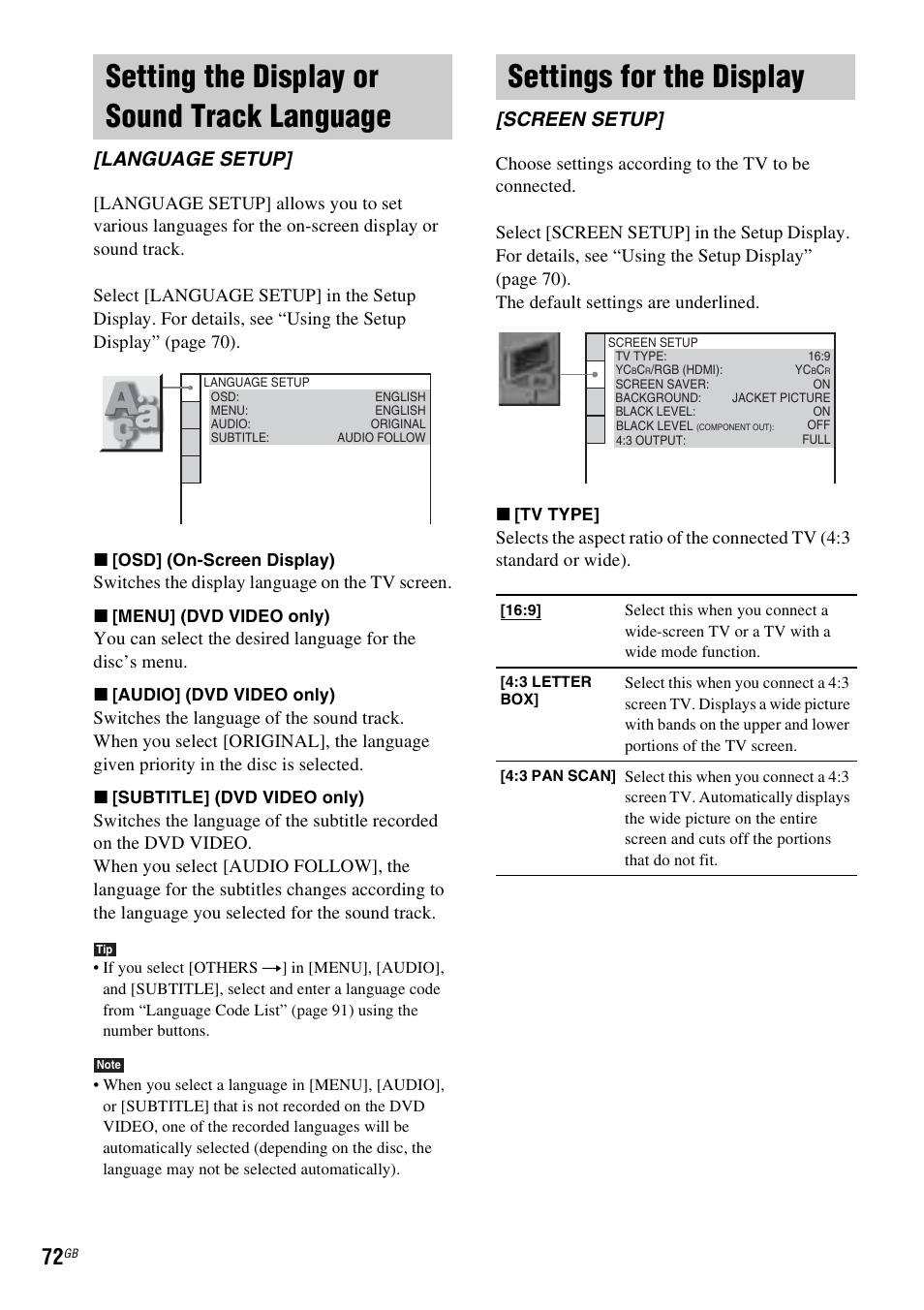 Setting the display or sound track language, Settings for the display, Setting the display or sound track | Language [language setup, Screen setup, Language setup, Switches the display language on the tv screen | Sony DAV-HDX265 User Manual | Page 72 / 104