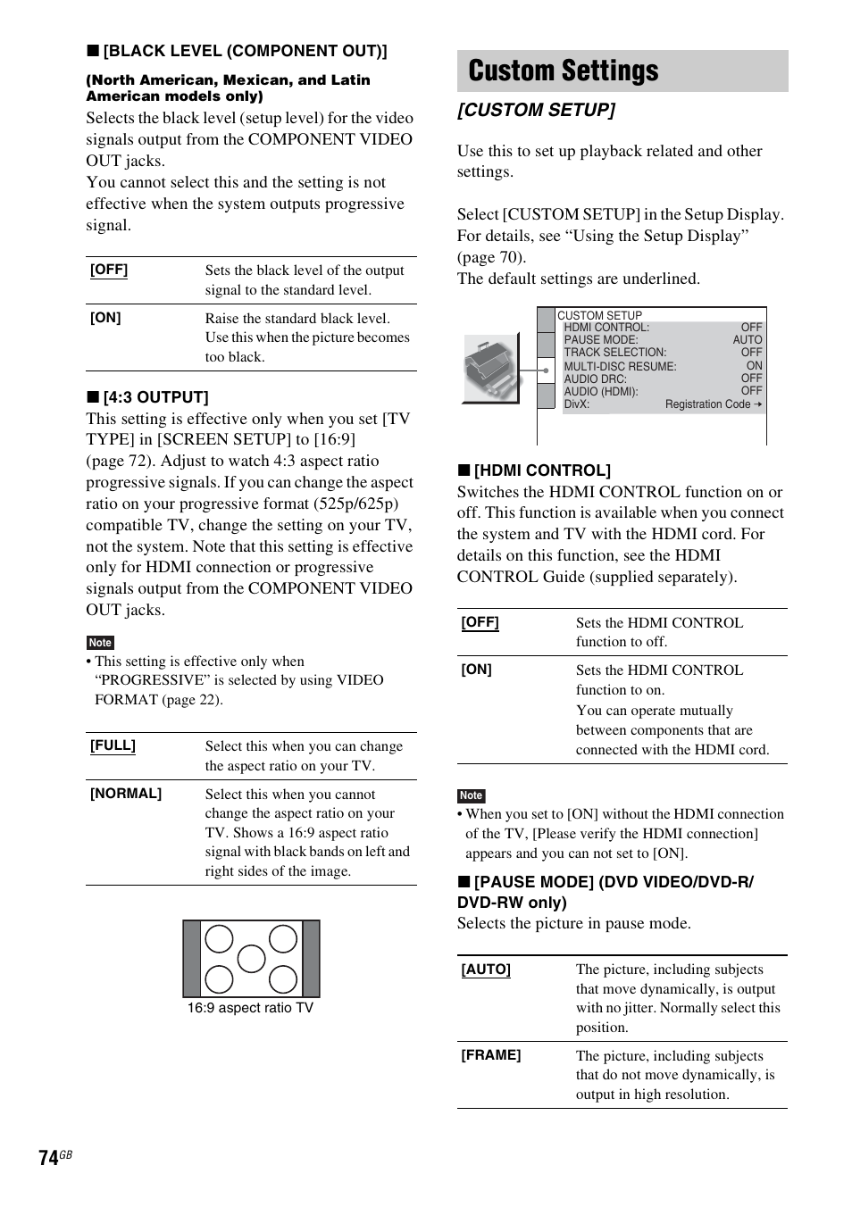 Custom settings, Custom setup | Sony DAV-HDX265 User Manual | Page 74 / 104