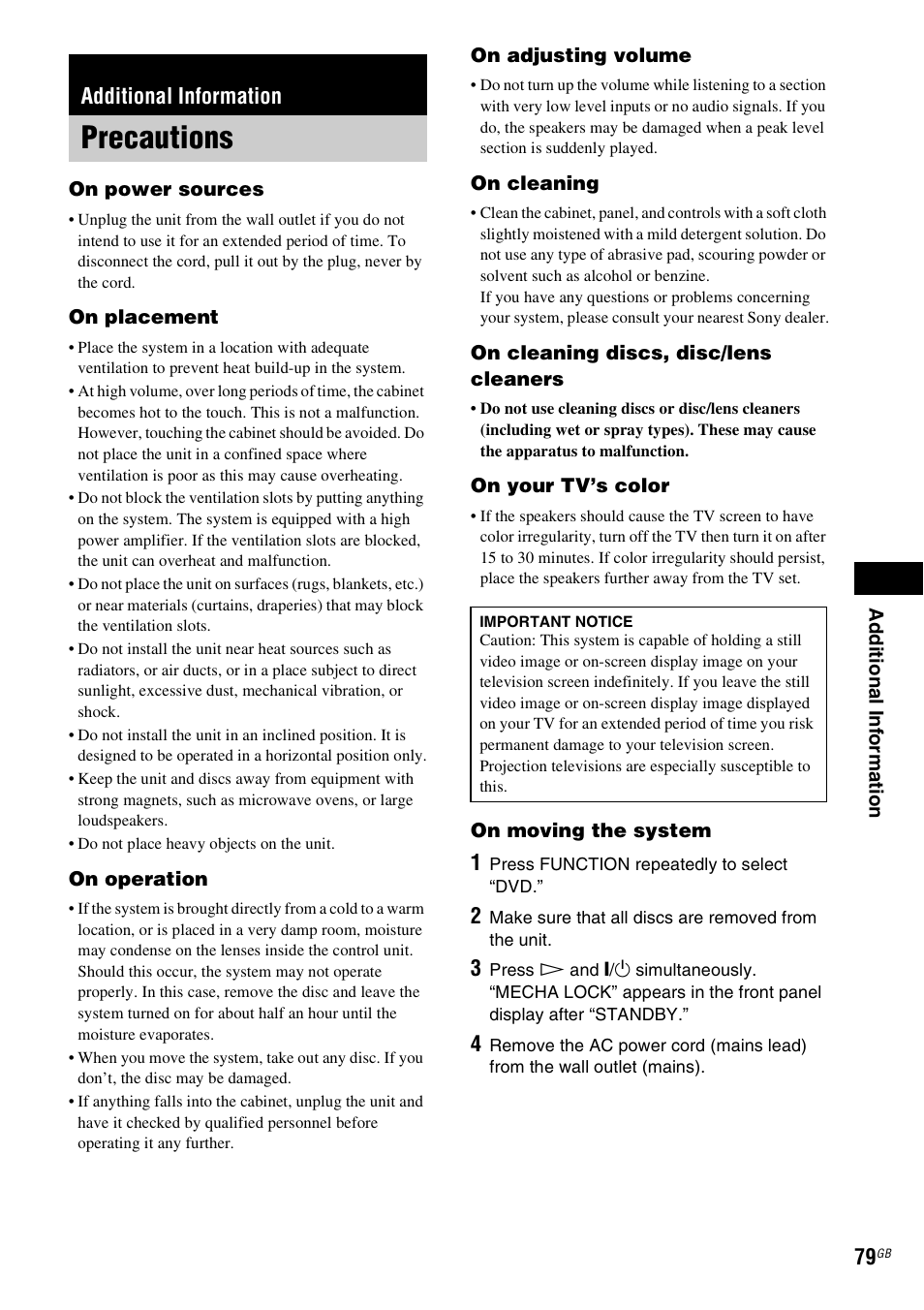Additional information, Precautions | Sony DAV-HDX265 User Manual | Page 79 / 104
