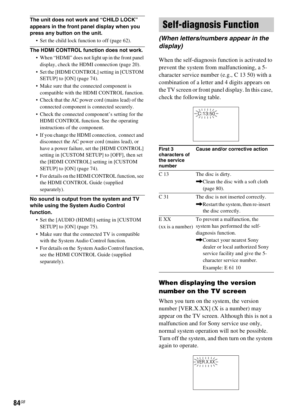 Self-diagnosis function, When letters/numbers appear in the display) | Sony DAV-HDX265 User Manual | Page 84 / 104