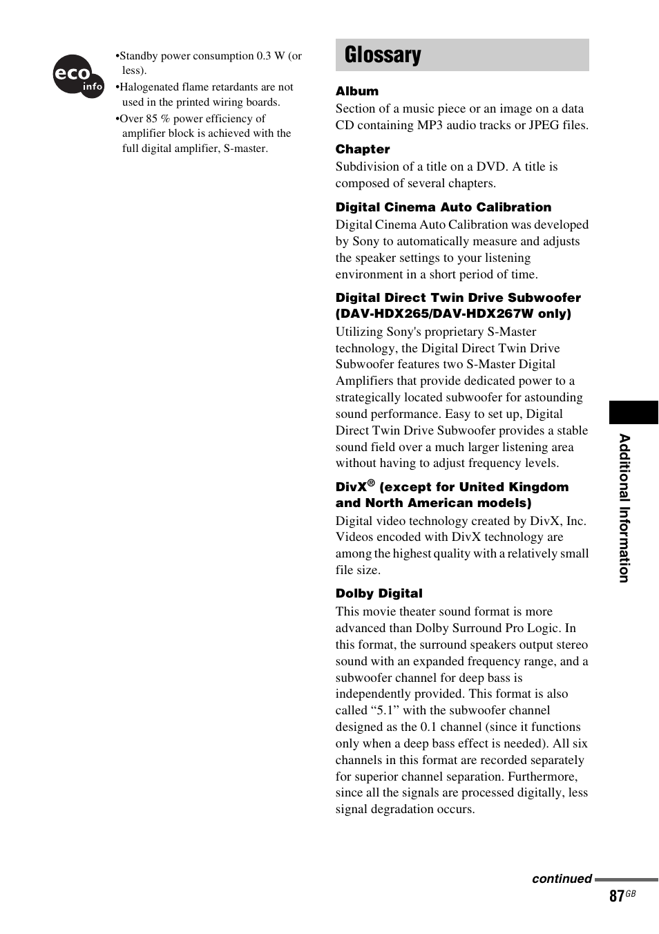Glossary | Sony DAV-HDX265 User Manual | Page 87 / 104