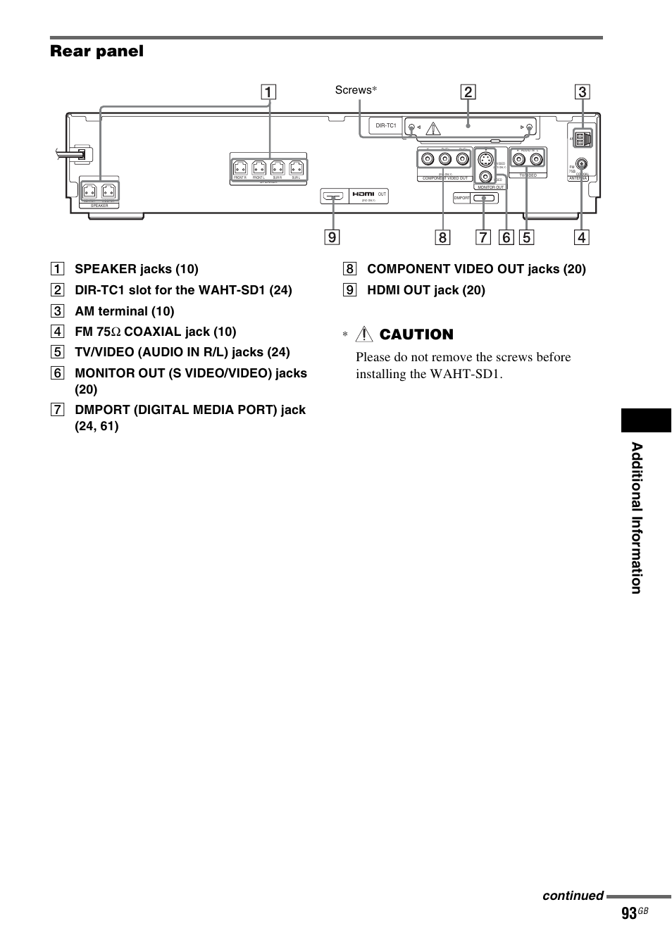 Rear panel, Ad dition al i n fo rm atio n, Caution | Continued, Screws | Sony DAV-HDX265 User Manual | Page 93 / 104