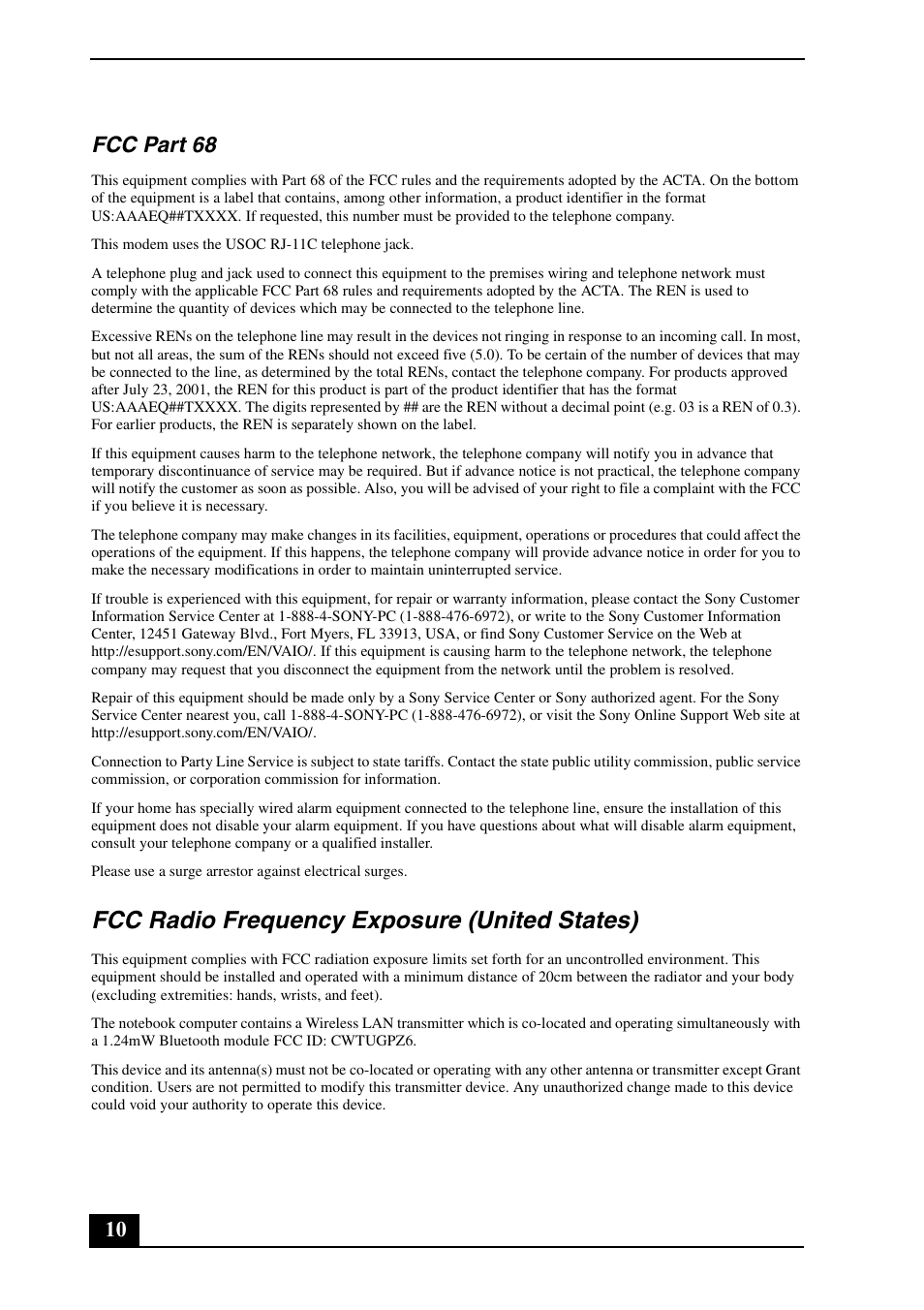 Fcc radio frequency exposure (united states), 10 fcc part 68 | Sony VGN-FE500 User Manual | Page 10 / 20