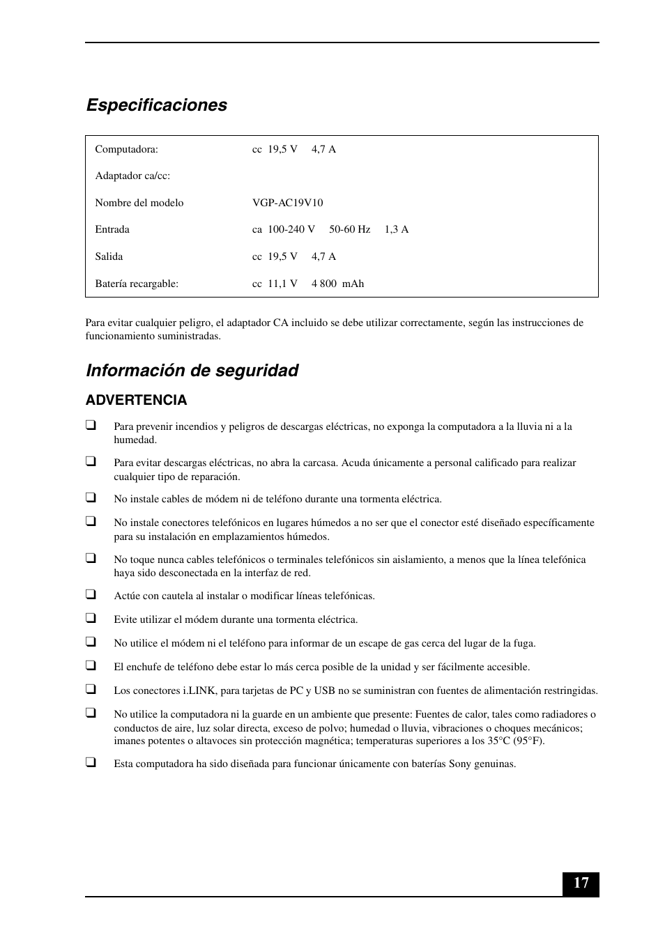 Especificaciones, Información de seguridad | Sony VGN-FE500 User Manual | Page 17 / 20
