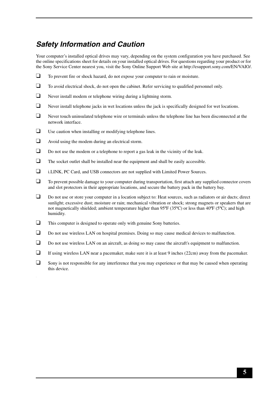 Safety information and caution | Sony VGN-FE500 User Manual | Page 5 / 20