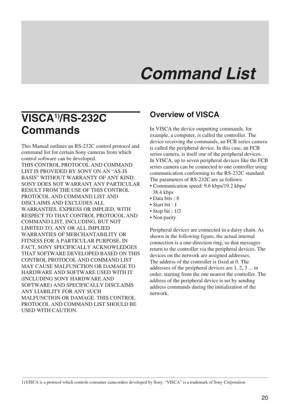 Command list, Visca/rs-232c commands, Visca | Rs-232c commands | Sony FCB-IX11A User Manual | Page 20 / 45