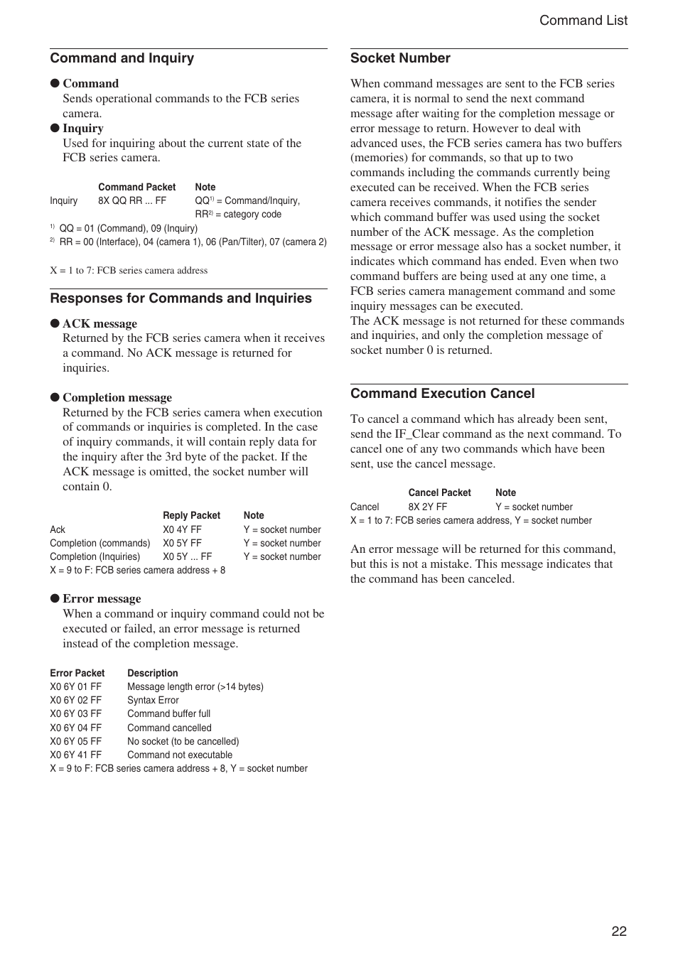 22 command list command and inquiry, Responses for commands and inquiries, Socket number | Command execution cancel | Sony FCB-IX11A User Manual | Page 22 / 45