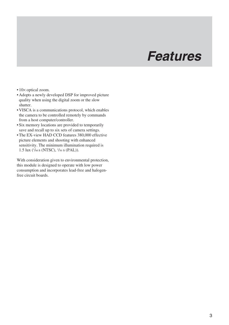 Features | Sony FCB-IX11A User Manual | Page 3 / 45