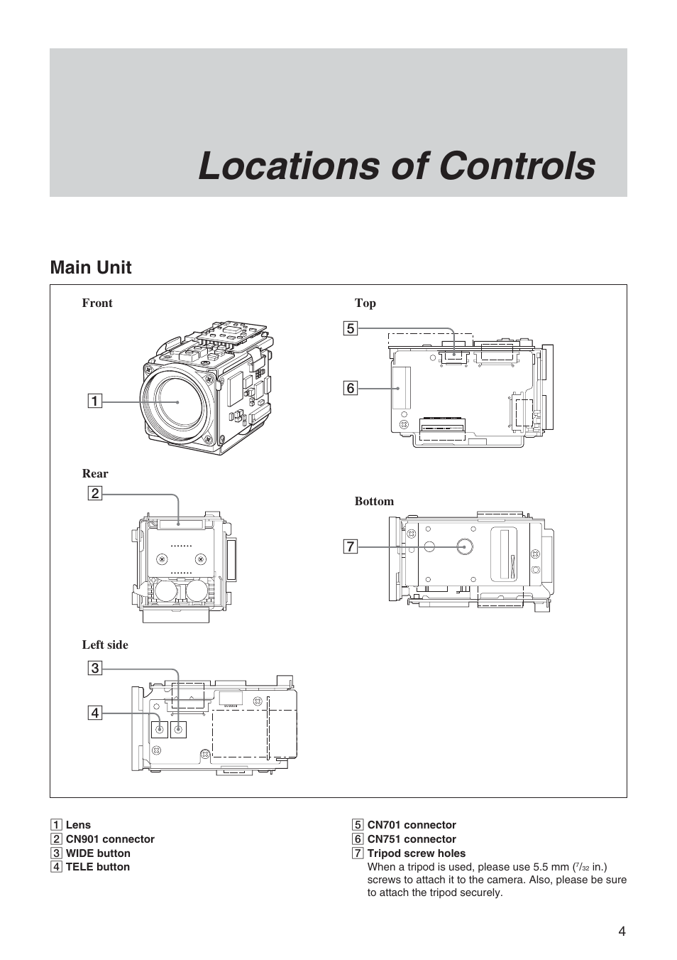 Locations of controls, Main unit | Sony FCB-IX11A User Manual | Page 4 / 45