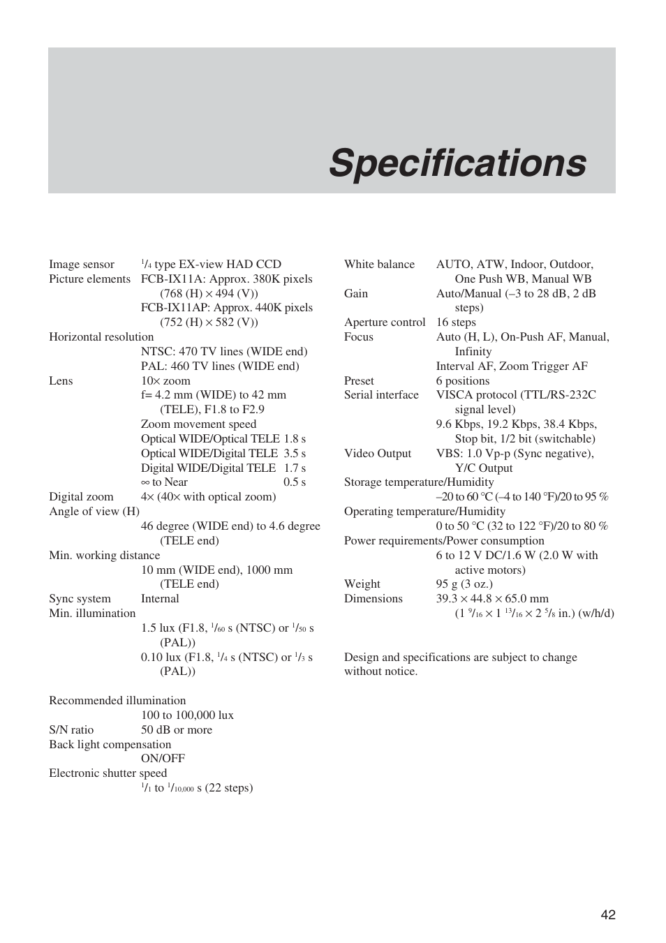 Specifications | Sony FCB-IX11A User Manual | Page 42 / 45