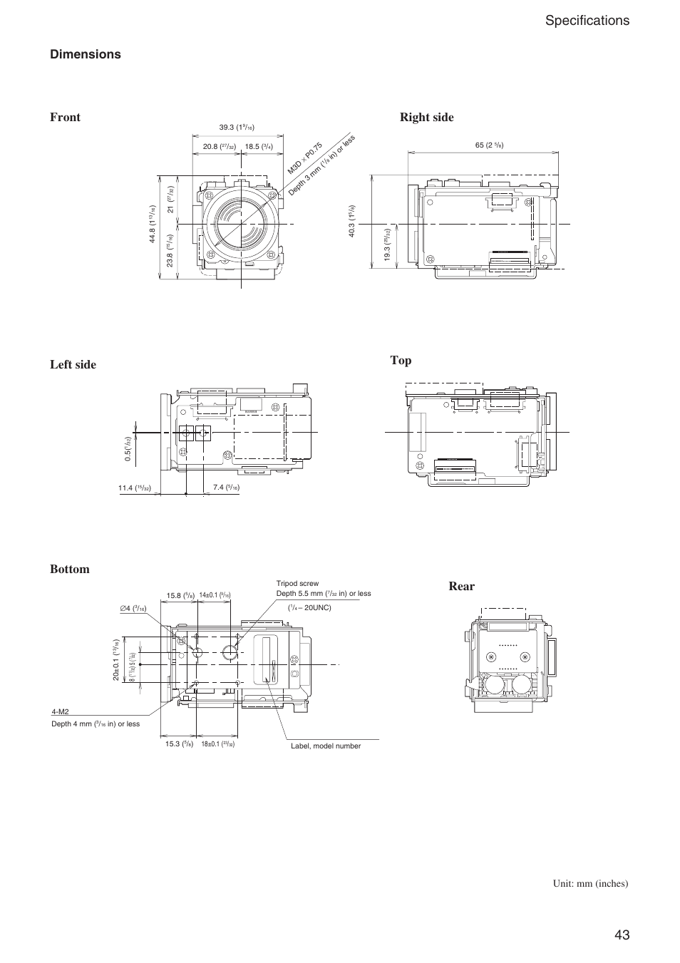 43 specifications, Unit: mm (inches) | Sony FCB-IX11A User Manual | Page 43 / 45