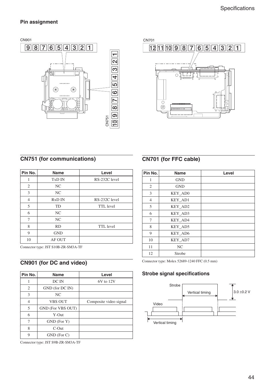 44 specifications, Cn901 (for dc and video), Cn751 (for communications) | Cn701 (for ffc cable) | Sony FCB-IX11A User Manual | Page 44 / 45