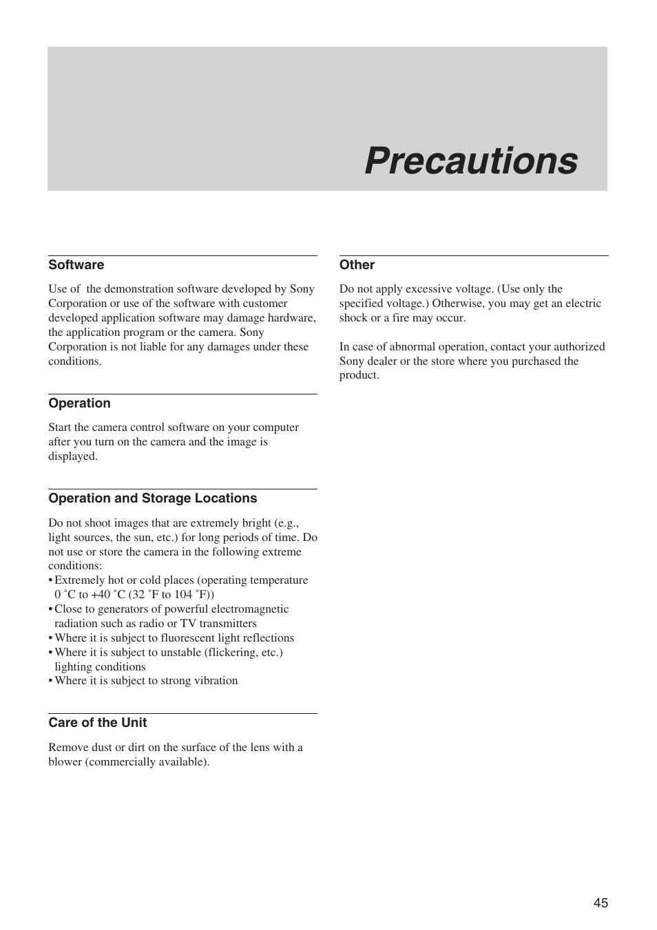 Precautions | Sony FCB-IX11A User Manual | Page 45 / 45