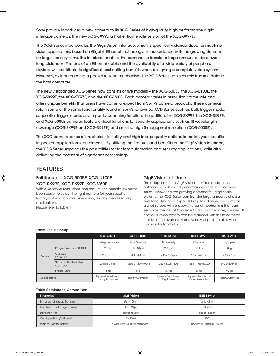 Features, Gige vision interface | Sony XCG-SX99E User Manual | Page 2 / 4