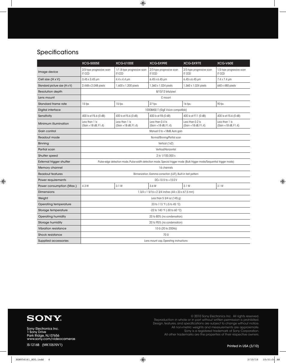 Specifications | Sony XCG-SX99E User Manual | Page 4 / 4