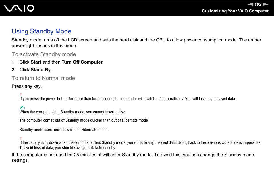 Using standby mode | Sony VGN-FS800 User Manual | Page 102 / 175