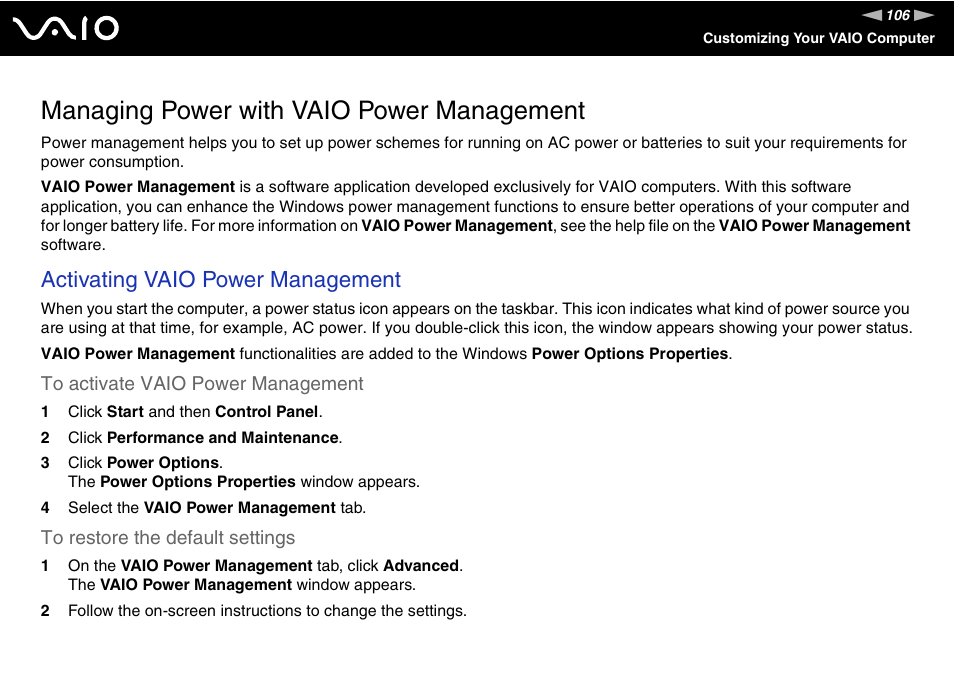 Managing power with vaio power management, Activating vaio power management | Sony VGN-FS800 User Manual | Page 106 / 175