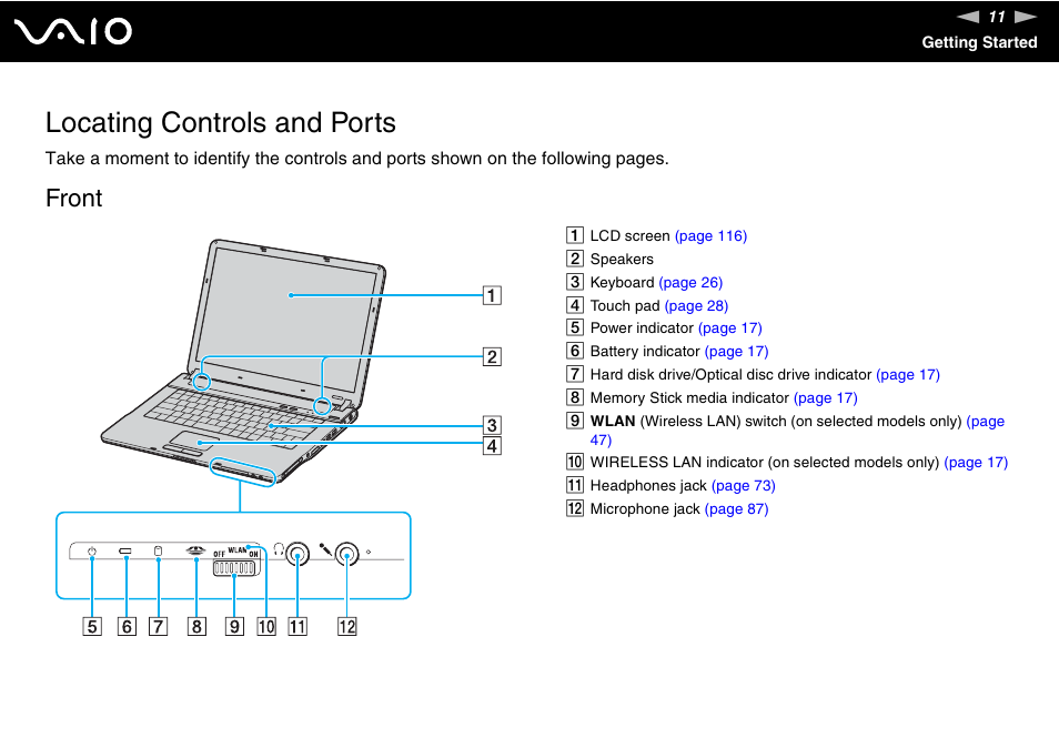 Locating controls and ports, Front | Sony VGN-FS800 User Manual | Page 11 / 175