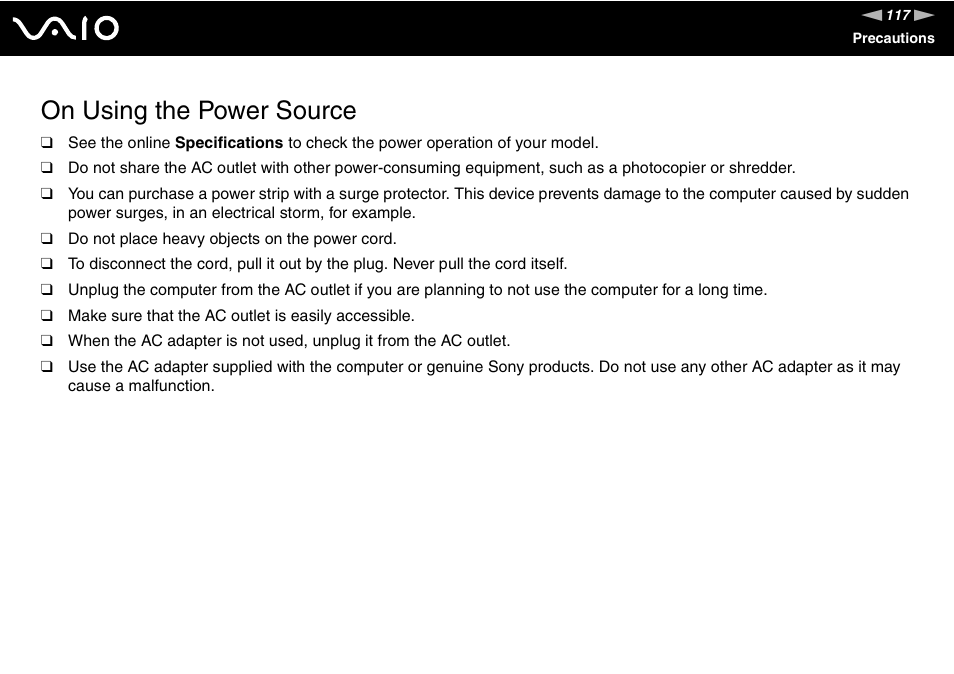 On using the power source | Sony VGN-FS800 User Manual | Page 117 / 175