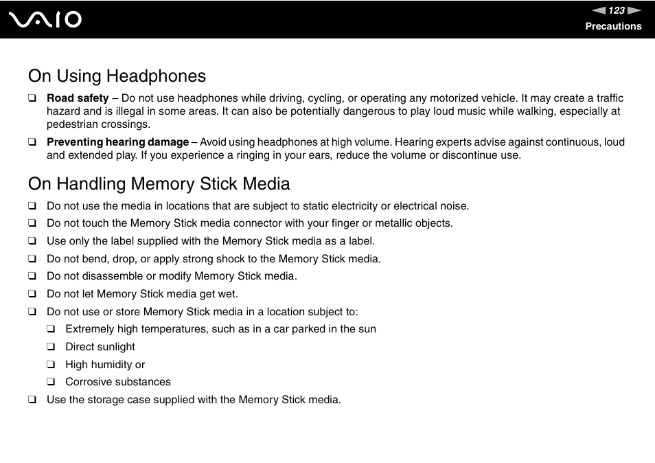 On using headphones, On handling memory stick media | Sony VGN-FS800 User Manual | Page 123 / 175