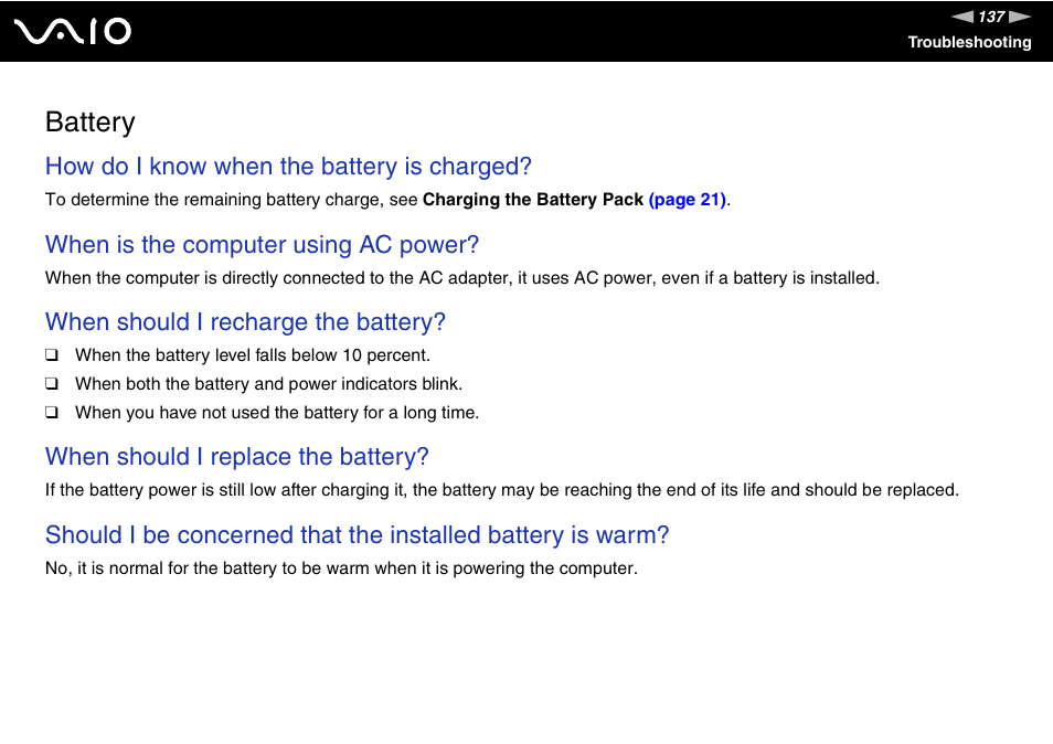 Battery, How do i know when the battery is charged, When is the computer using ac power | When should i recharge the battery, When should i replace the battery | Sony VGN-FS800 User Manual | Page 137 / 175