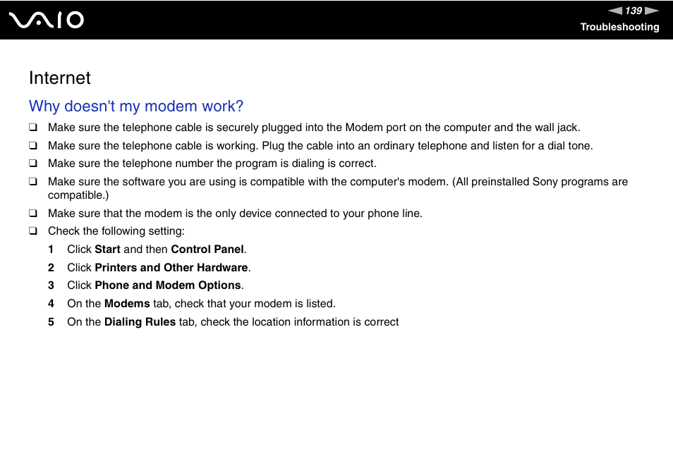 Internet, Why doesn't my modem work | Sony VGN-FS800 User Manual | Page 139 / 175