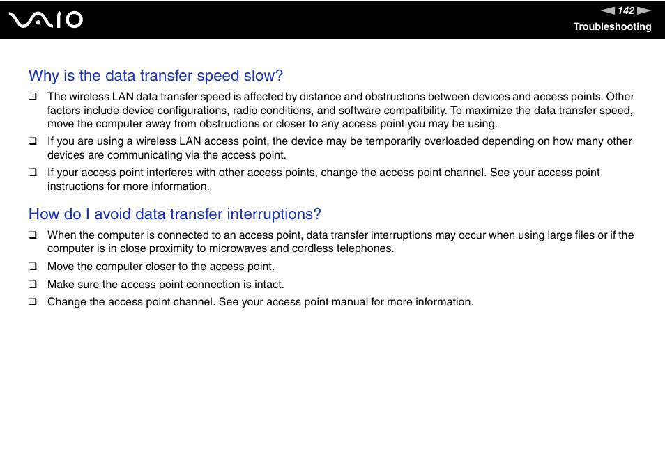 Why is the data transfer speed slow, How do i avoid data transfer interruptions | Sony VGN-FS800 User Manual | Page 142 / 175