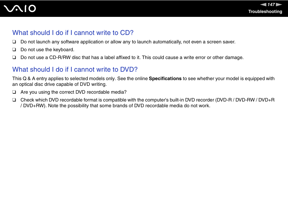 What should i do if i cannot write to cd, What should i do if i cannot write to dvd | Sony VGN-FS800 User Manual | Page 147 / 175