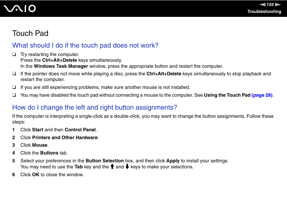 Touch pad, What should i do if the touch pad does not work | Sony VGN-FS800 User Manual | Page 155 / 175