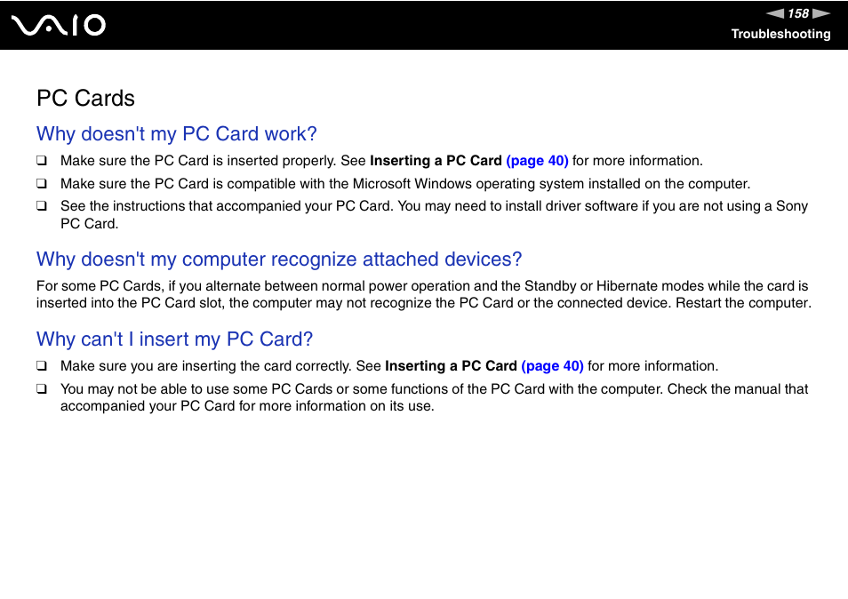 Pc cards, Why doesn't my pc card work, Why doesn't my computer recognize attached devices | Why can't i insert my pc card | Sony VGN-FS800 User Manual | Page 158 / 175