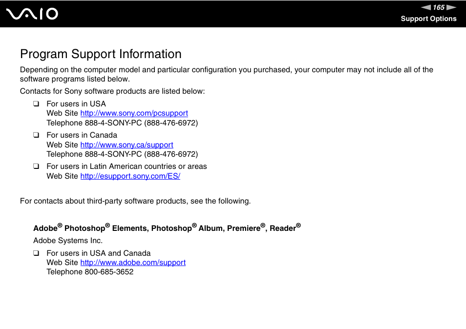 Program support information | Sony VGN-FS800 User Manual | Page 165 / 175
