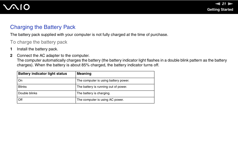 Charging the battery pack | Sony VGN-FS800 User Manual | Page 21 / 175