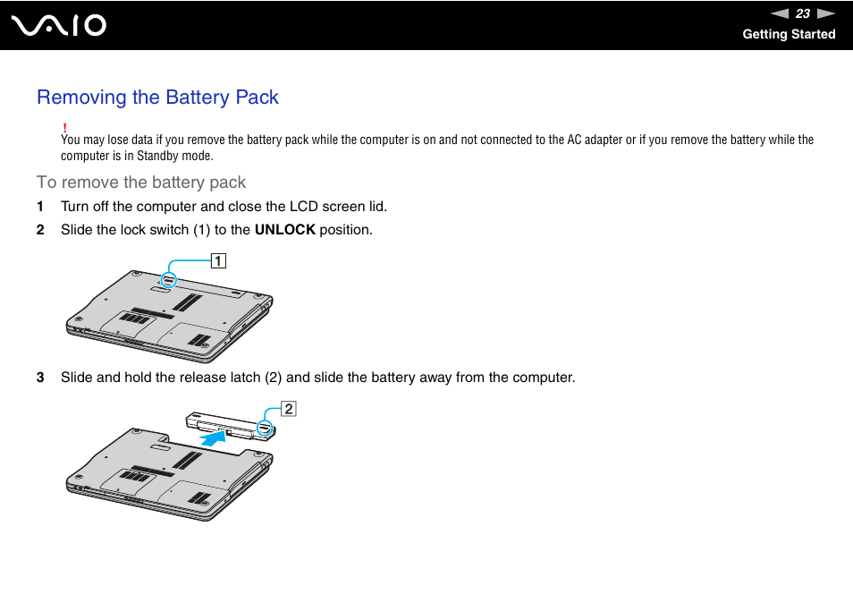 Removing the battery pack | Sony VGN-FS800 User Manual | Page 23 / 175