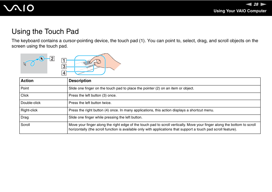 Using the touch pad | Sony VGN-FS800 User Manual | Page 28 / 175